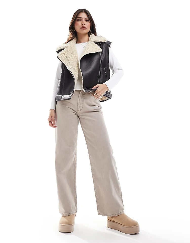 Pull&Bear Faux Shearling Trim Gilet In Dark Brown For Women