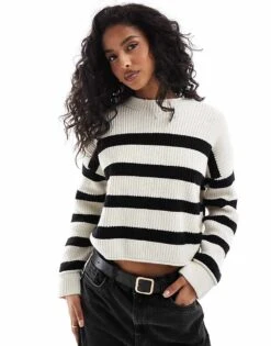 Pull&Bear Ribbed Knitted Jumper In Black And Sand Stripe For Women