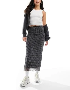 Pull&Bear Lace Trim Mesh Maxi Skirt In Blue Check For Women