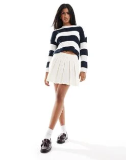 Pull&Bear Cropped Ribbed Knit Jumper In Navy Stripe For Women
