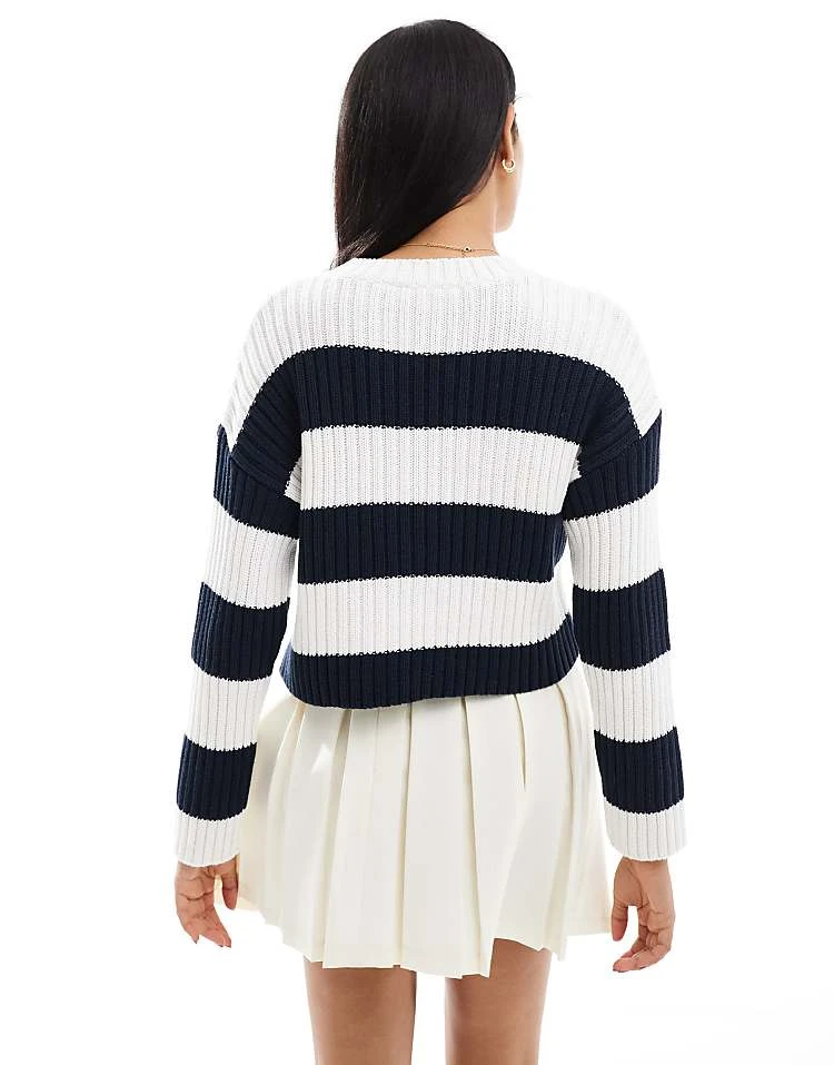 Pull&Bear Cropped Ribbed Knit Jumper In Navy Stripe For Women - Image 4