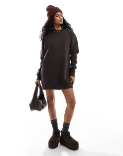 Pull&Bear Oversized Sweat Dress In Chocolate Brown For Women