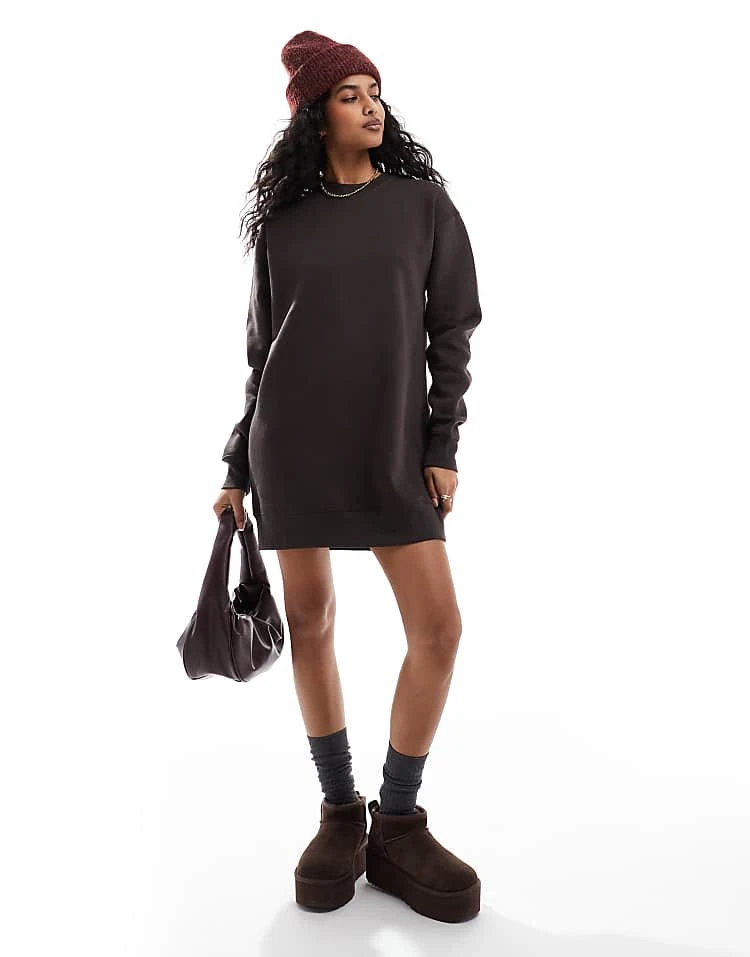 Pull&Bear Oversized Sweat Dress In Chocolate Brown For Women
