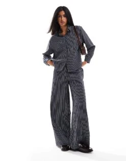 Pull&Bear Wide Leg Trouser Co-ord In Navy Pinstripe For Women