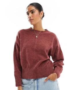 Pull&Bear Chenille Knitted Jumper In Burgundy Red For Women