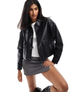 Pull&Bear Button Through Faux Leather Jacket In Black For Women