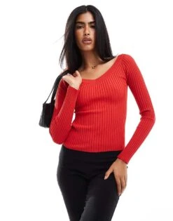 Pull&Bear Dipped Neckline Ribbed Knit Jumper In Red For Women