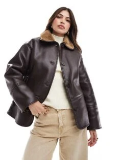 Pull&Bear Faux Leather Coat With Contrast Shearling Collar In Dark Brown For Women