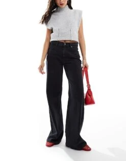 Pull&Bear High Rise Wide Leg Jean In Dark Grey For Women