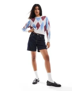 Pull&Bear Argyle Print Knit Jumper In Grey For Women