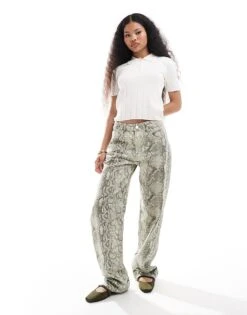 Pull&Bear Petite Wide Leg Jean In Snake Print For Women Zebra