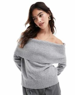 Pull&Bear Oversized Bardot Knitted Jumper In Soft Grey For Women