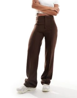 Pull&Bear Straight Leg Tailored Trousers With Front Seam In Chocolate Brown For Women