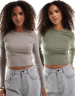 Pull&Bear 2 Pack Long Sleeved T-shirt In Brown & Khaki For Women Multi