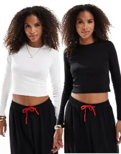 Pull&Bear 2 Pack Long Sleeved T-shirt In Black & White For Women Multi