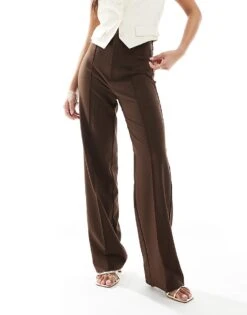 Pull&Bear Petite Straight Leg Tailored Trousers With Front Seam In Chocolate Brown For Women