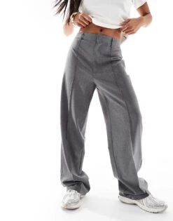 Pull&Bear Petite Straight Leg Tailored Trousers With Front Seam In Grey For Women