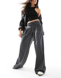 Pull&Bear Wide Leg Tailored Trousers With Tie Waist In Charcoal For Women