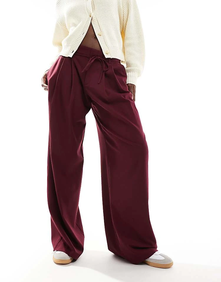 Pull&Bear Wide Leg Tailored Trousers With Tie Waist In Burgundy For Women - Image 6