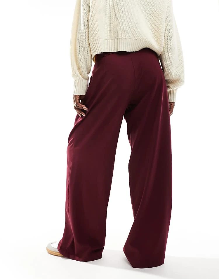 Pull&Bear Wide Leg Tailored Trousers With Tie Waist In Burgundy For Women - Image 4