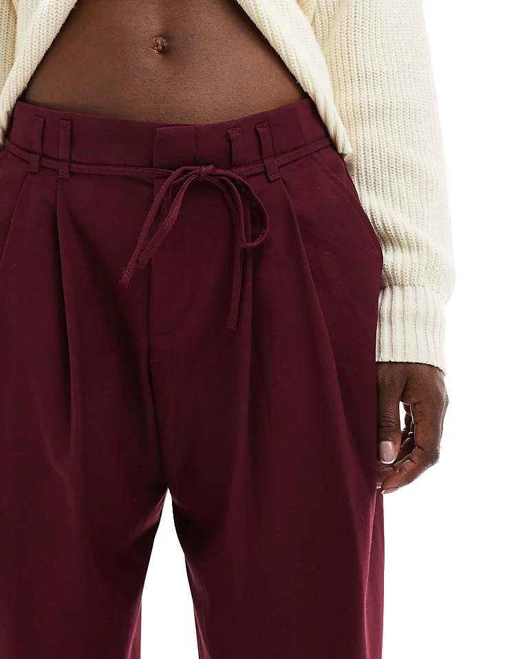 Pull&Bear Wide Leg Tailored Trousers With Tie Waist In Burgundy For Women - Image 5