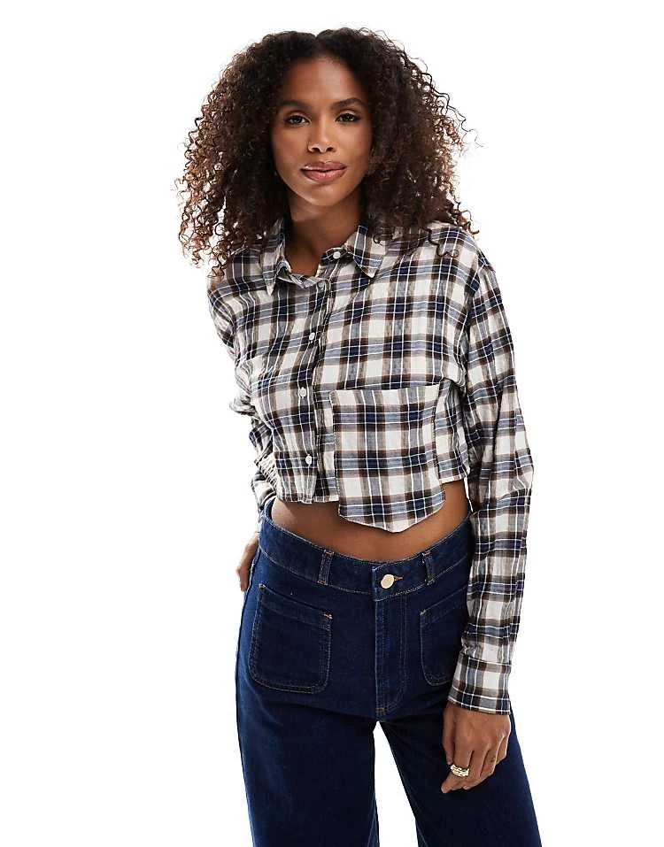 Pull&Bear Cropped Check Shirt In Brown For Women - Image 5