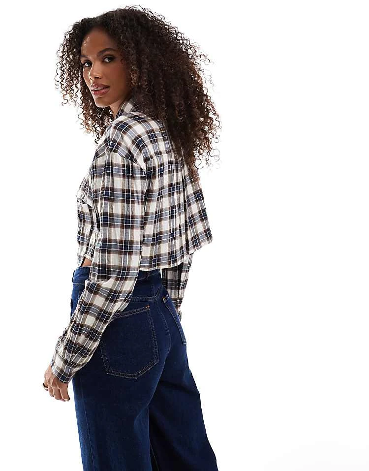 Pull&Bear Cropped Check Shirt In Brown For Women - Image 4