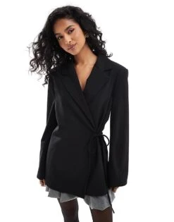 Pull&Bear Tie Front Oversized Blazer In Black For Women