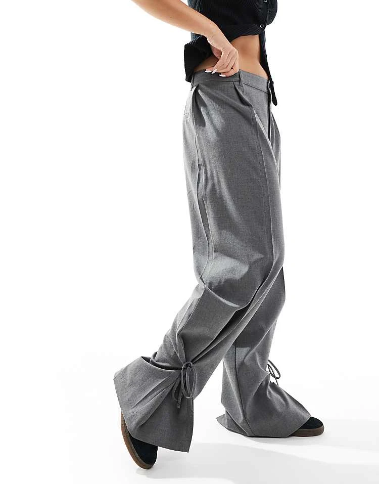 Pull&Bear Tie Detail Wide Leg Tailored Trouser In Grey For Women - Image 6