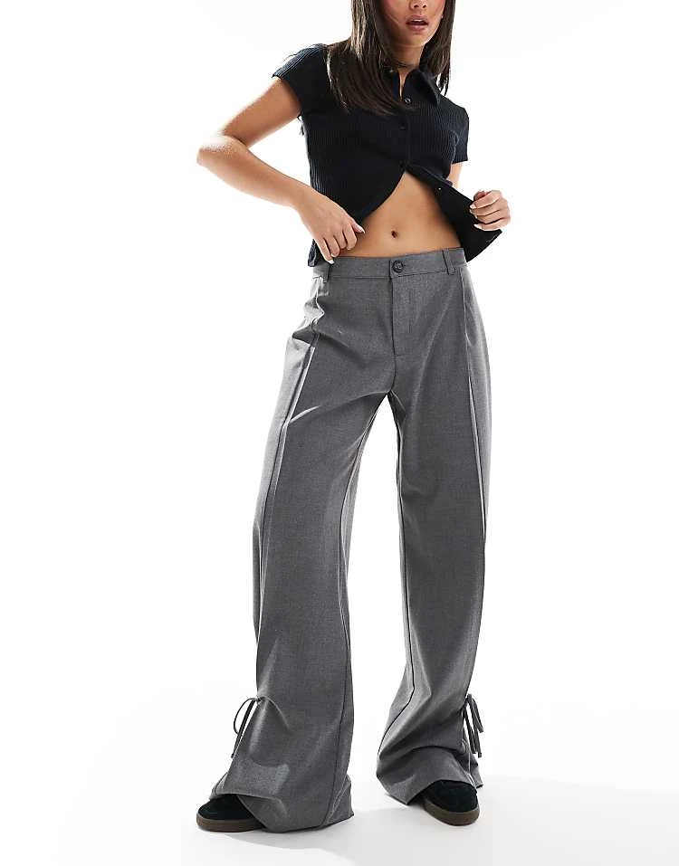 Pull&Bear Tie Detail Wide Leg Tailored Trouser In Grey For Women - Image 3