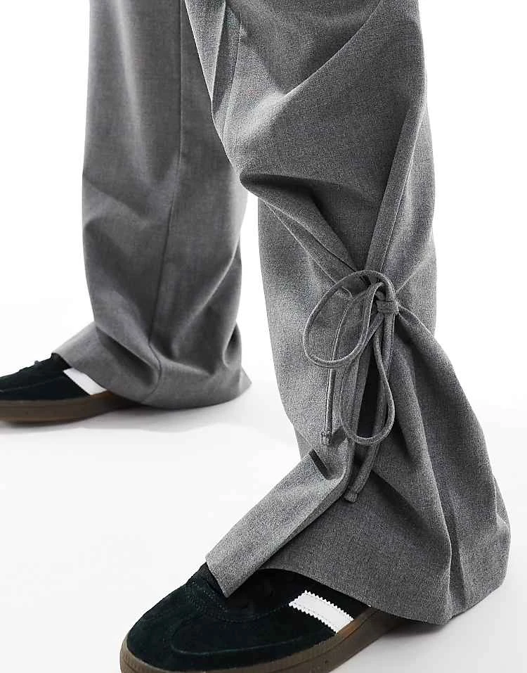 Pull&Bear Tie Detail Wide Leg Tailored Trouser In Grey For Women - Image 4
