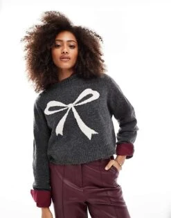 Pull&Bear Knit Jumper With Bow Print In Dark Grey For Women