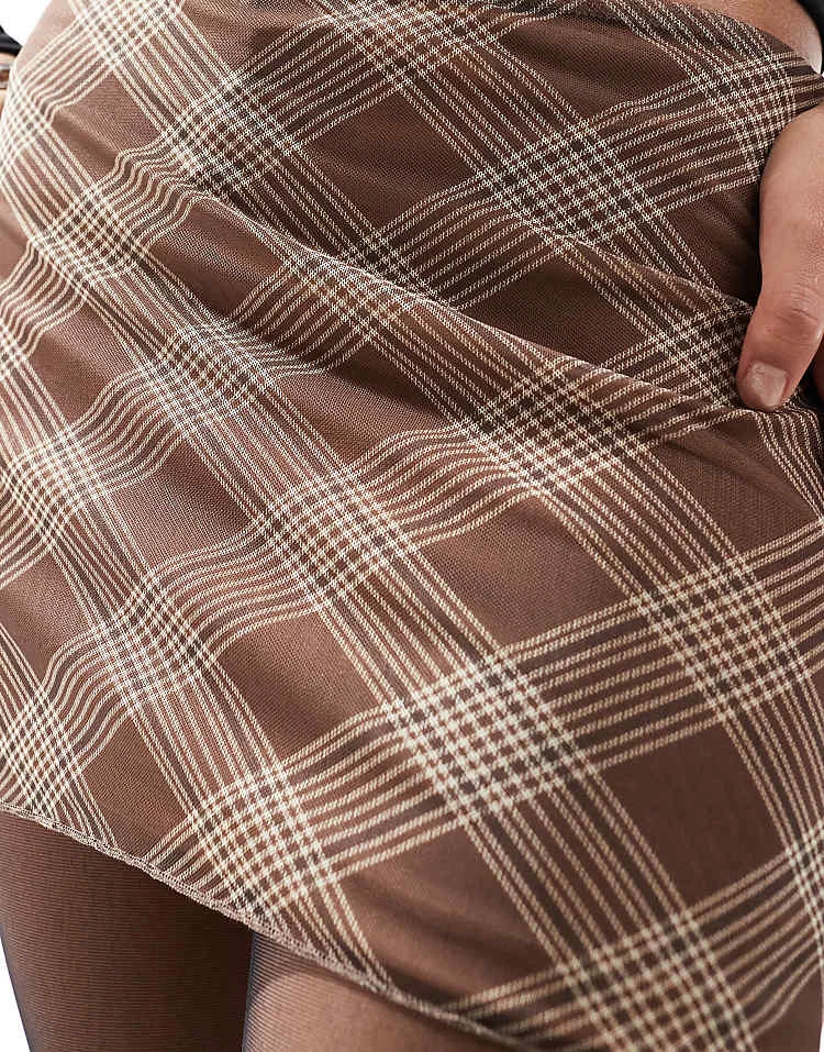Pull&Bear Mesh Mini Skirt In Brown Check For Women - Image 3