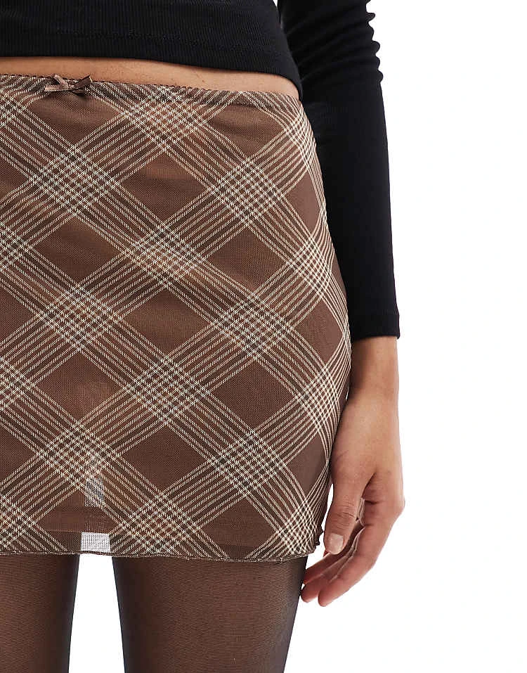 Pull&Bear Mesh Mini Skirt In Brown Check For Women - Image 5