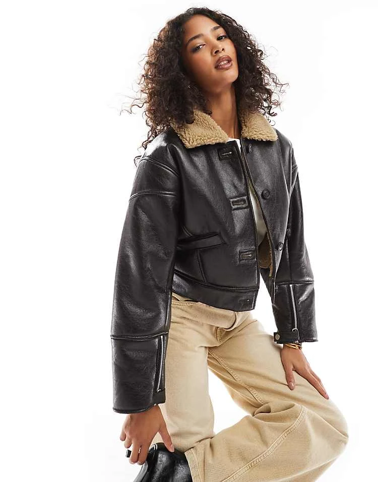 Pull&Bear Faux Leather Shearling Collar Jacket In Dark Brown For Women - Image 5