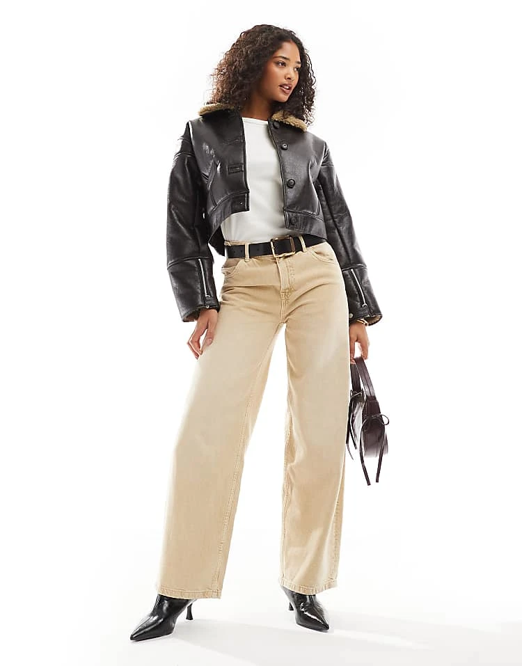 Pull&Bear Faux Leather Shearling Collar Jacket In Dark Brown For Women - Image 2