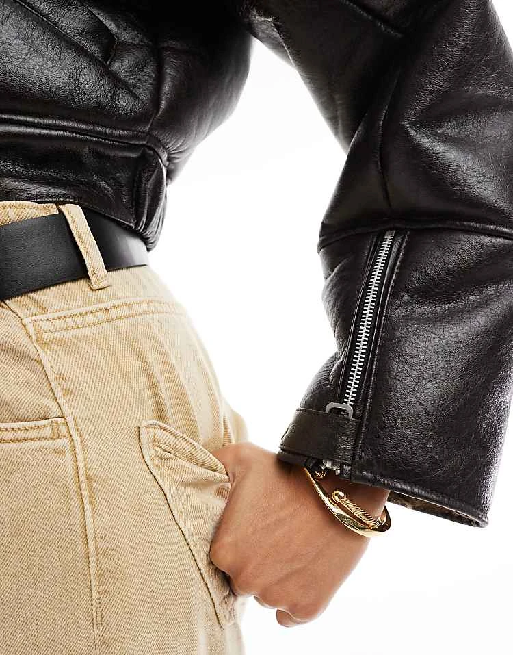 Pull&Bear Faux Leather Shearling Collar Jacket In Dark Brown For Women - Image 3