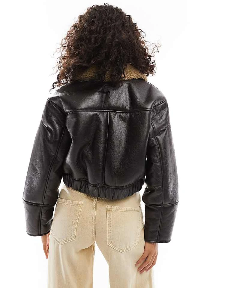 Pull&Bear Faux Leather Shearling Collar Jacket In Dark Brown For Women - Image 4