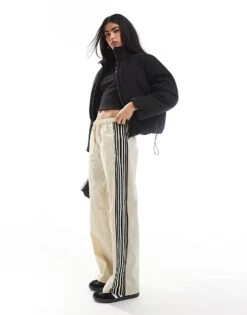 Pull&Bear Side Stripe Wide Leg Nylon Jogger In Sand For Women