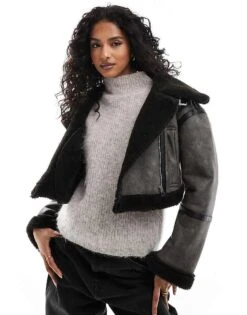 Pull&Bear Contrast Shearling Trim Cropped Aviator Jacket In Washed Grey For Women