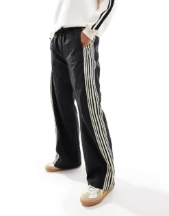 Pull&Bear Side Stripe Wide Leg Nylon Jogger In Black For Women