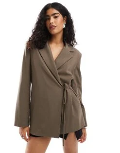 Pull&Bear Tie Front Oversized Blazer In Taupe For Women