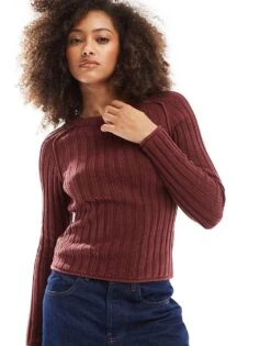 Pull&Bear Ribbed Knit Jumper In Burgundy For Women