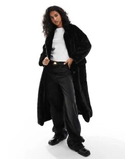 Pull&Bear Faux Fur Longline Coat In Black For Women
