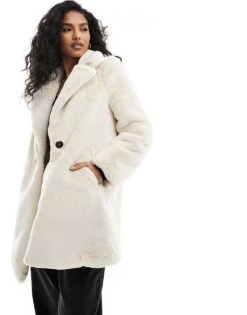 Pull&Bear Soft Faux Fur Coat In Ecru For Women