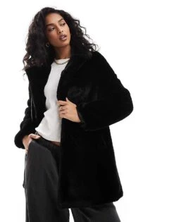 Pull&Bear Soft Faux Fur Coat In Black For Women