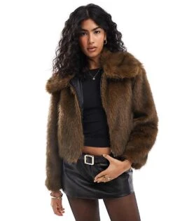 Pull&Bear Faux Fur Jacket In Brown For Women