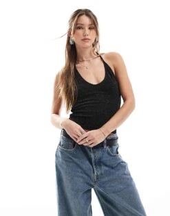 Pull&Bear Glitter Halterneck Top In Black For Women