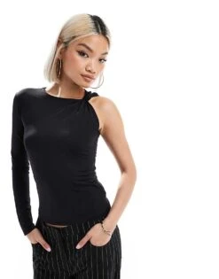 Pull&Bear One Sleeve Knot Detail Polyamide Top In Black For Women