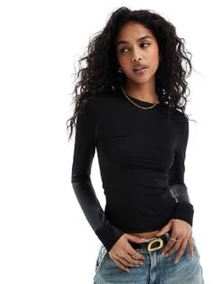 Pull&Bear Polyamide Sculpt Long Sleeved Top In Black For Women